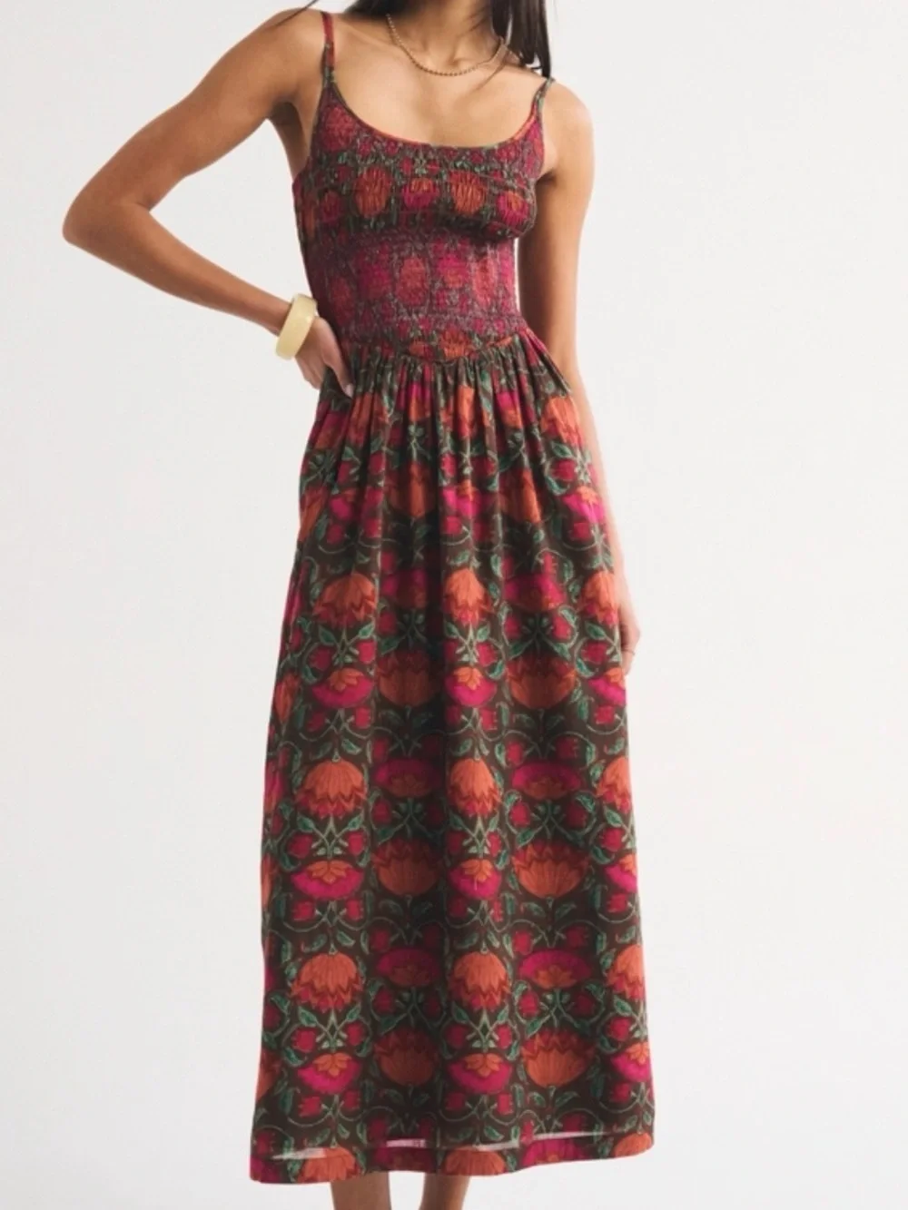 Abercrombie Smocked Bodice Floral Maxi Dress in Red and Orange